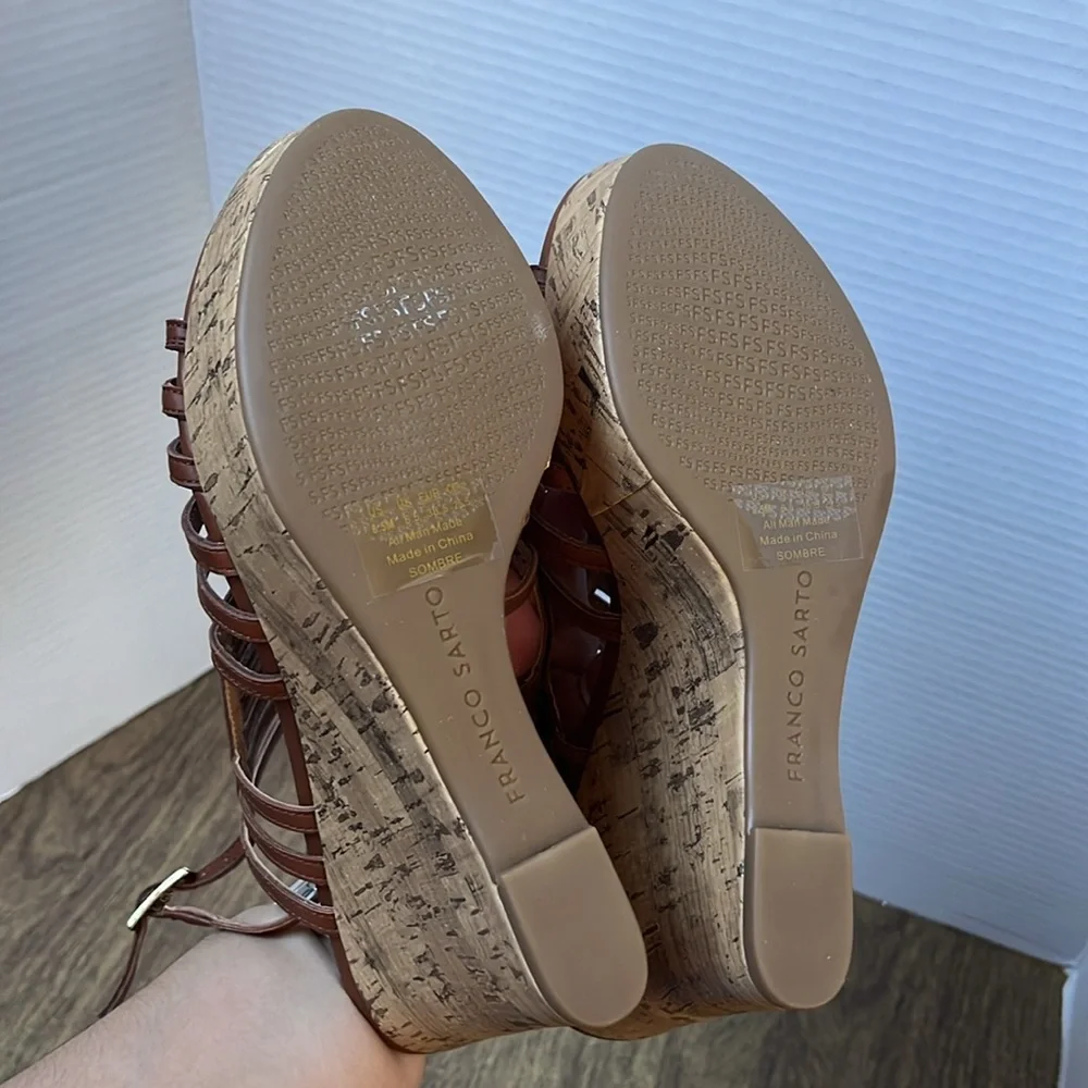 Franco Sarto Sombre Brown Cork Wedge Strap Platform Sandals Size 8.5